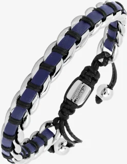 Bracelet en acier gris, cordon noir et cuir bleu SO OR