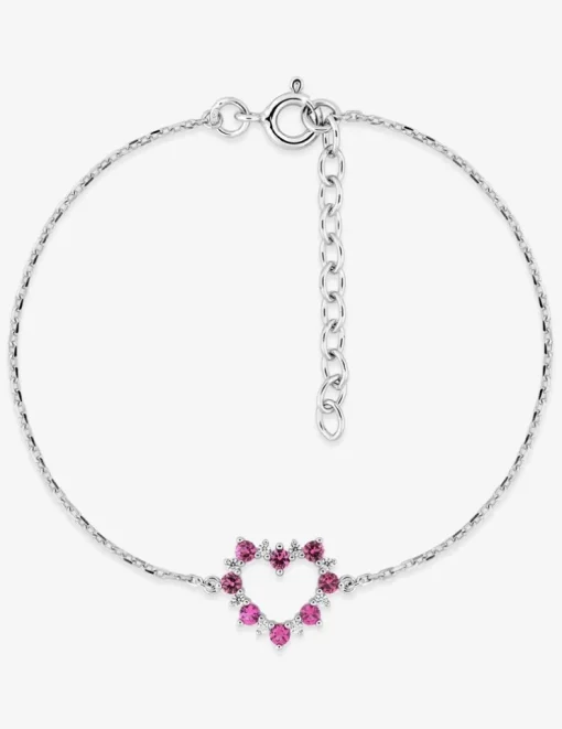 Bracelet en argent gris rhodié 925‰ chaine souple forçat cœur oxyde rose SO OR