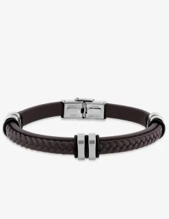 Bracelet en cuir brun tressé et acier gris SO OR