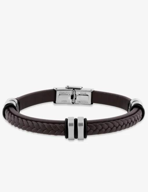 Bracelet en cuir brun tressé et acier gris SO OR