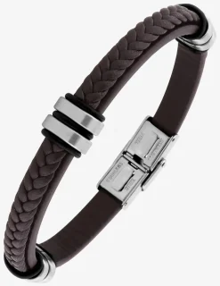 Bracelet en cuir brun tressé et acier gris SO OR