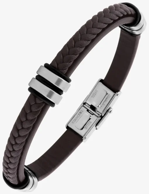 Bracelet en cuir brun tressé et acier gris SO OR