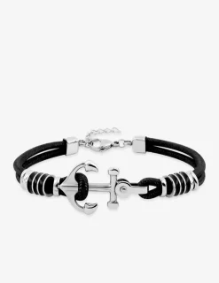 Bracelet en nylon noir et acier avec motif ancre de bateau SO OR
