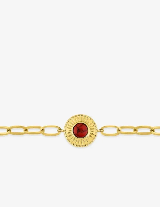 Bracelet fantaisie acier doré, maille alternée et turquoise rouge synthétique SO OR