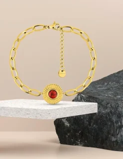 Bracelet fantaisie acier doré, maille alternée et turquoise rouge synthétique SO OR