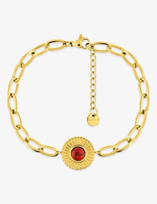 Bracelet fantaisie acier doré, maille alternée et turquoise rouge synthétique SO OR