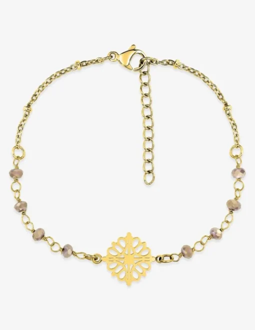 Bracelet fantaisie cristal marron, acier doré et motif SO OR