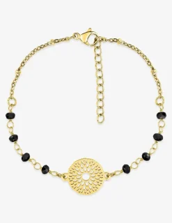 Bracelet fantaisie cristal noir, petite chaîne en acier doré et motif SO OR