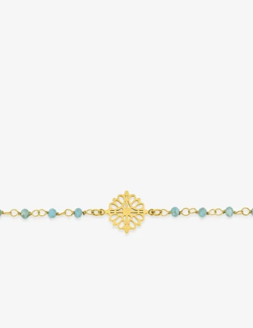 Bracelet fantaisie cristal turquoise, acier doré et motif SO OR