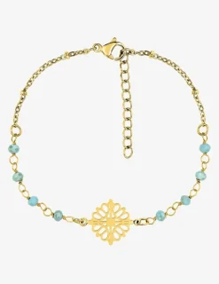 Bracelet fantaisie cristal turquoise, acier doré et motif SO OR