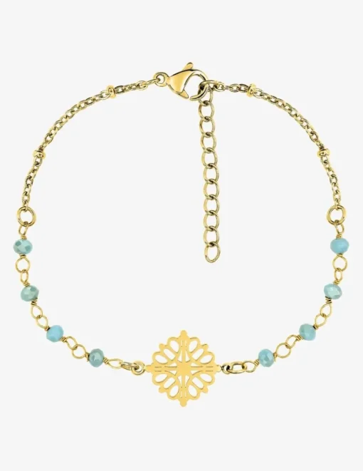 Bracelet fantaisie cristal turquoise, acier doré et motif SO OR