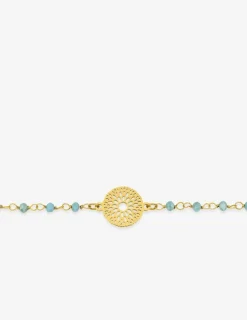 Bracelet fantaisie cristal turquoise, petite chaîne en acier doré et motif SO OR