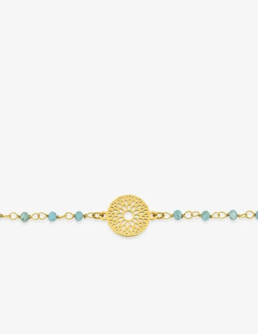 Bracelet fantaisie cristal turquoise, petite chaîne en acier doré et motif SO OR