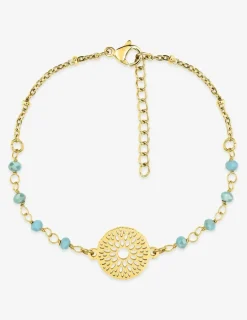 Bracelet fantaisie cristal turquoise, petite chaîne en acier doré et motif SO OR