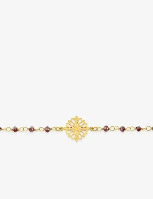 Bracelet fantaisie cristal rouge, acier doré et motif SO OR