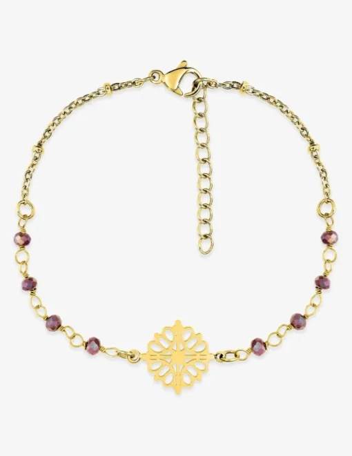 Bracelet fantaisie cristal rouge, acier doré et motif SO OR