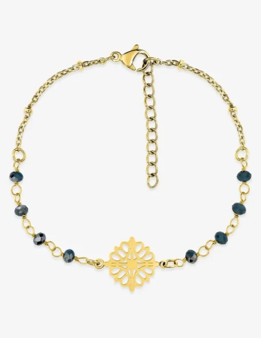 Bracelet fantaisie cristal bleu, acier doré et motif SO OR