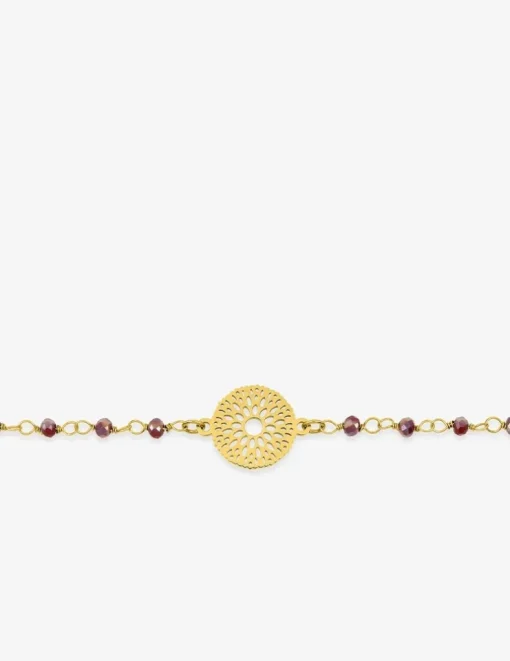 Bracelet fantaisie cristal rouge, petite chaîne en acier doré et motif SO OR