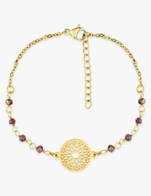 Bracelet fantaisie cristal rouge, petite chaîne en acier doré et motif SO OR