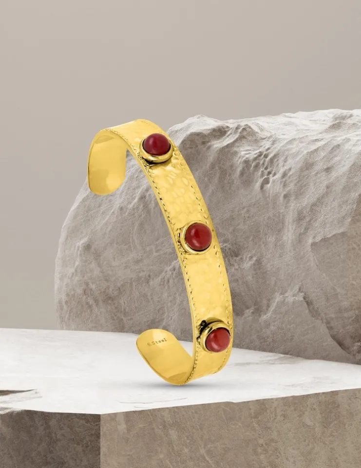 Bracelet jonc acier doré et agate rouge SO OR