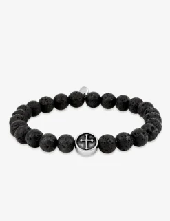 Bracelet élastique pierre de lave et breloque croix acier SO OR