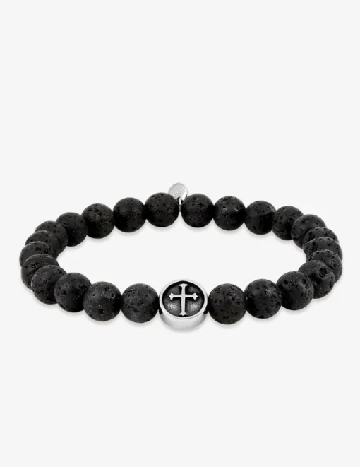 Bracelet élastique pierre de lave et breloque croix acier SO OR
