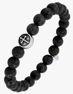 Bracelet élastique pierre de lave et breloque croix acier SO OR