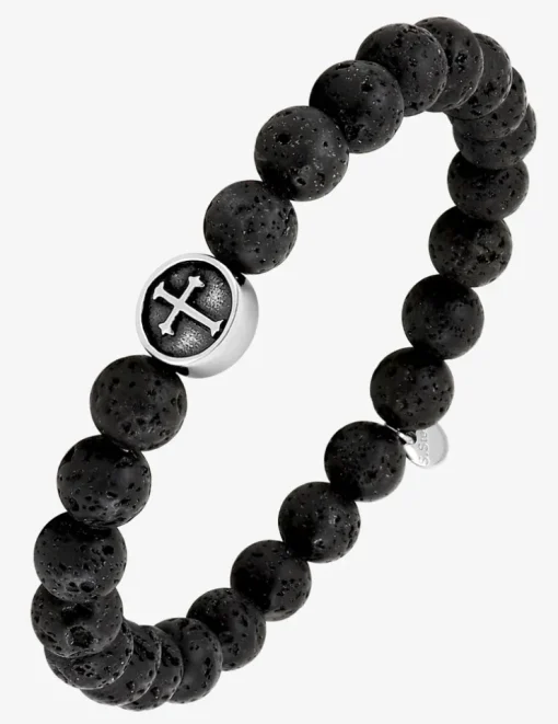 Bracelet élastique pierre de lave et breloque croix acier SO OR