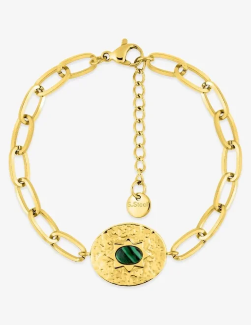 Bracelet maille alternée acier doré et malachite synthétique SO OR