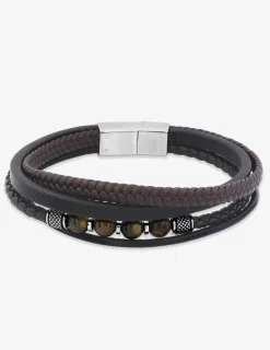 Bracelet matière synthétique marron, acier et œil de tigre SO OR