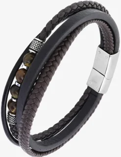 Bracelet matière synthétique marron, acier et œil de tigre SO OR