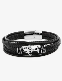 Bracelet multi-rangs cordons, cuir synthétique tressé et ancre acier SO OR