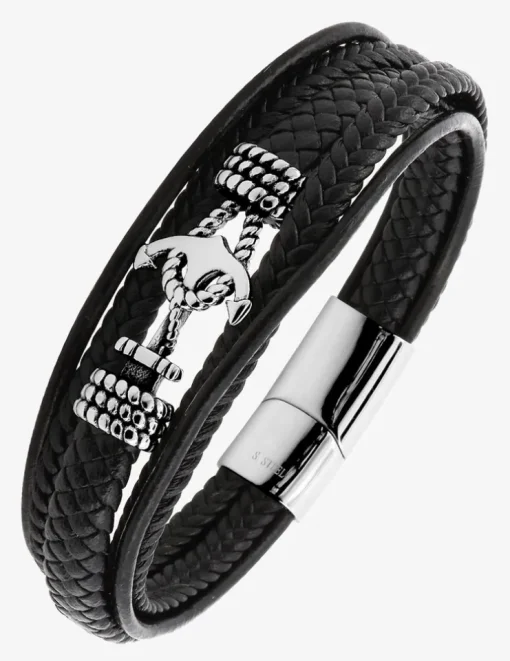 Bracelet multi-rangs cordons, cuir synthétique tressé et ancre acier SO OR