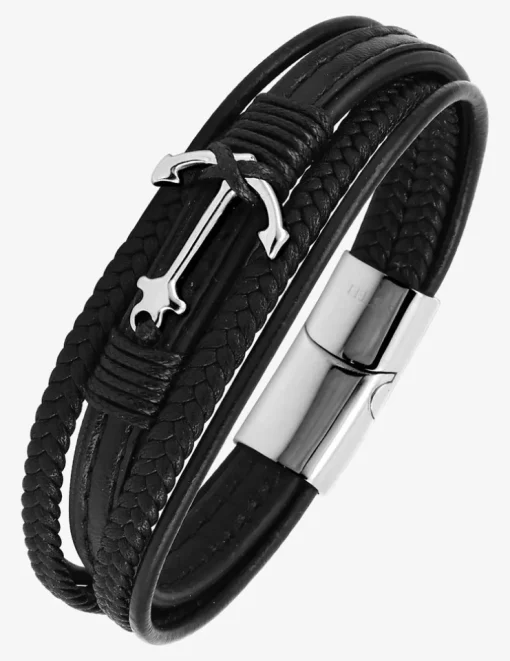 Bracelet multi-rangs cuir synthétique et ancre acier SO OR