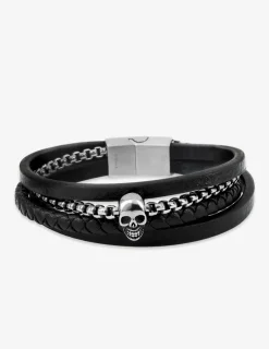 Bracelet multi-rangs tête de mort cuir synthétique et acier SO OR