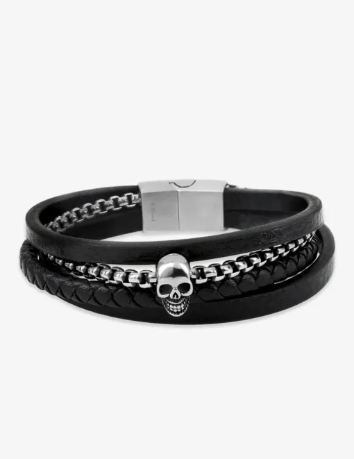 Bracelet multi-rangs tête de mort cuir synthétique et acier SO OR