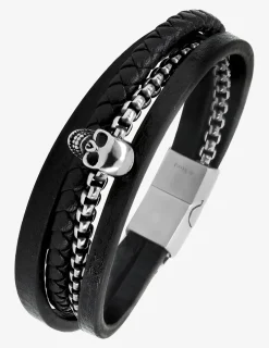 Bracelet multi-rangs tête de mort cuir synthétique et acier SO OR