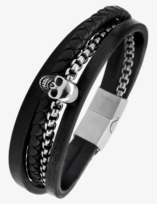 Bracelet multi-rangs tête de mort cuir synthétique et acier SO OR