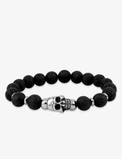 Bracelet pierres de lave, motif tête de mort en acier SO OR