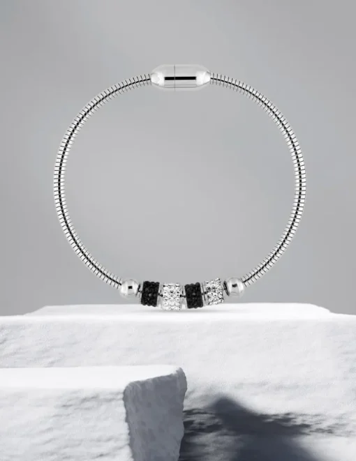 Bracelet serpentine acier, motifs cristaux noir et blanc SO OR
