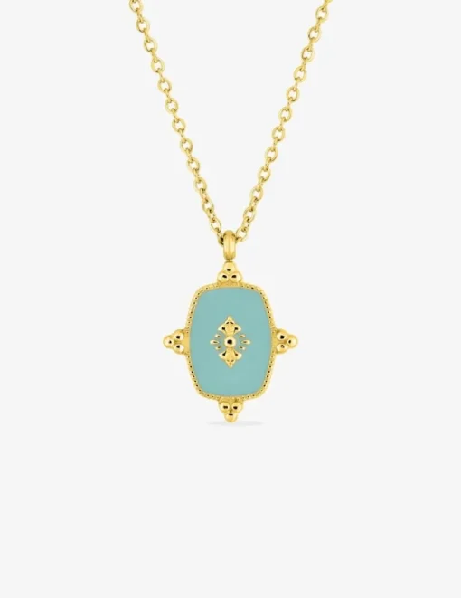 Collier acier doré avec motif et laque turquoise sur bélière SO OR