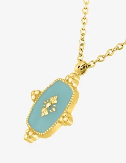 Collier acier doré avec motif et laque turquoise sur bélière SO OR