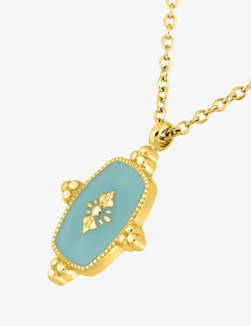 Collier acier doré avec motif et laque turquoise sur bélière SO OR