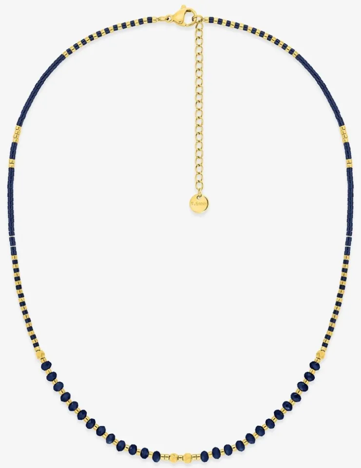 Collier acier doré, boules de verre bleue et hématite SO OR