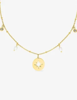 Collier acier doré motif étoile, perles et cristaux blancs SO OR