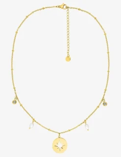 Collier acier doré motif étoile, perles et cristaux blancs SO OR