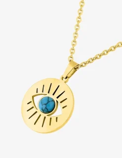 Collier acier doré pendentif œil et turquoise bleue SO OR