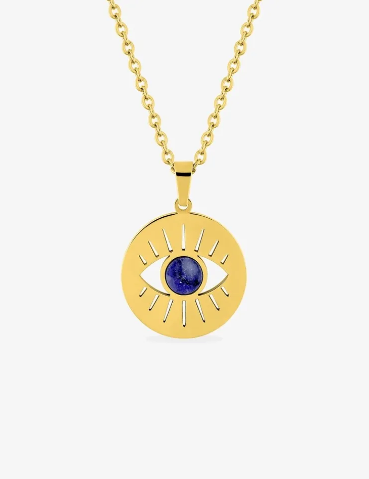 Collier acier doré pendentif œil et lapis-lazuli bleue SO OR