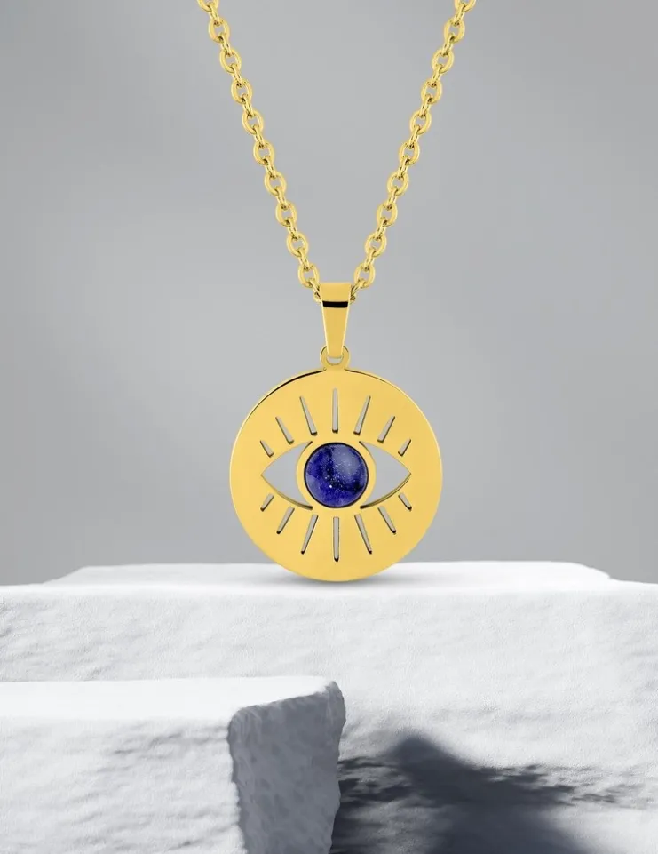 Collier acier doré pendentif œil et lapis-lazuli bleue SO OR
