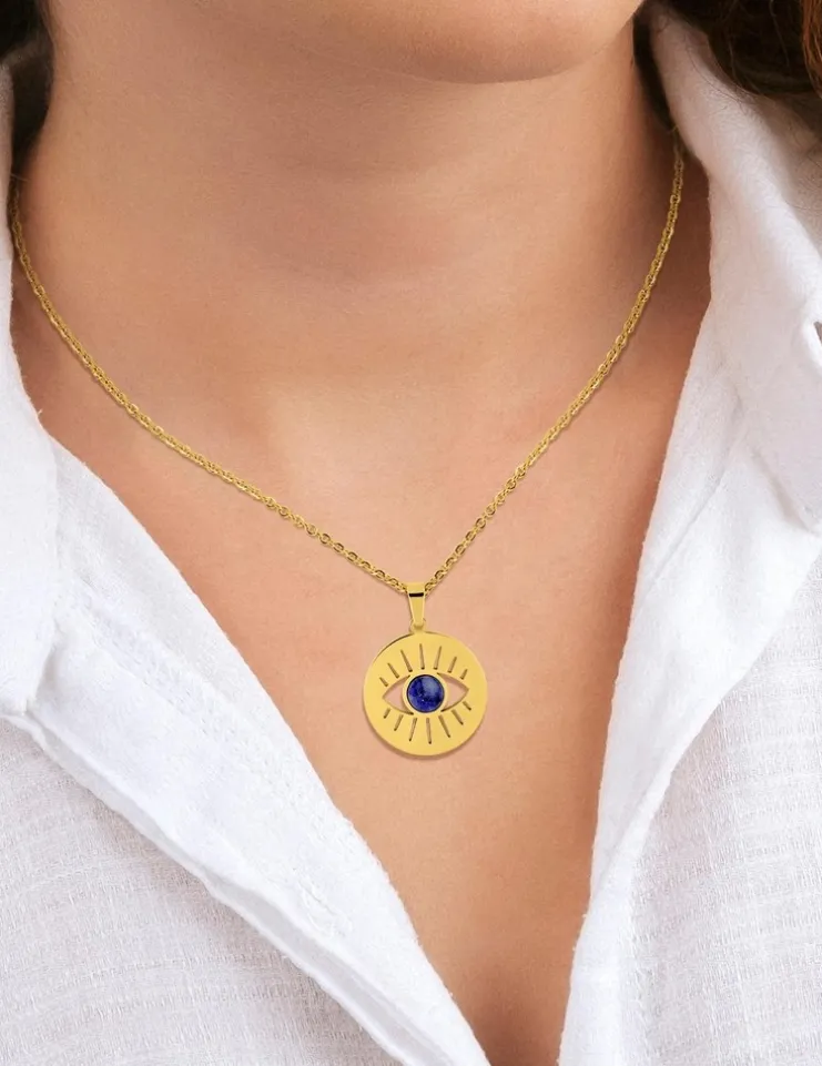 Collier acier doré pendentif œil et lapis-lazuli bleue SO OR